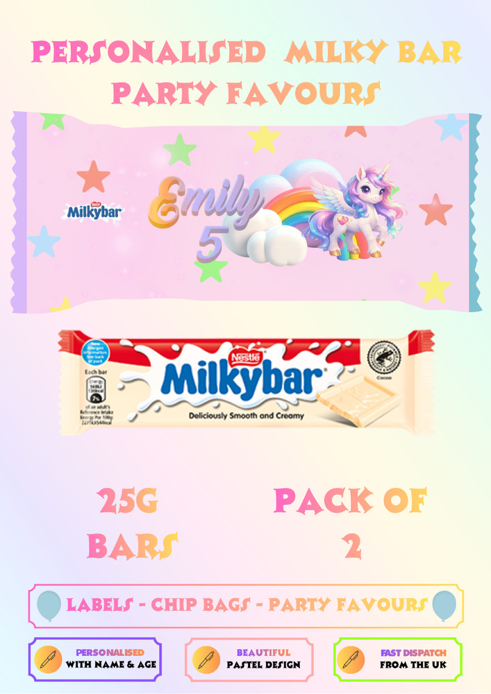 Unicorn Birthday Party Milky Bar Wrappers Personalised Favours x2 UK
