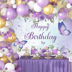 Purple Butterfly Birthday Banner Backdrop 5x3ft Party Decor for Women Girls