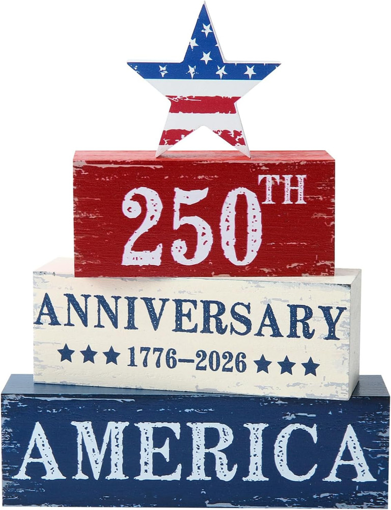 4 Pcs 250 Years American Anniversary Wooden Tabletop Decorations Red White Blue