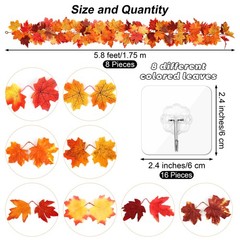 Fovths 8 Pieces Fall Maple Leaves Garland 5.8ft/pc Yellow, Brown, and Red