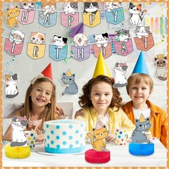 16 Pcs Cat Theme Birthday Party Decorations Party Supplies Kit, Includes Cat Par