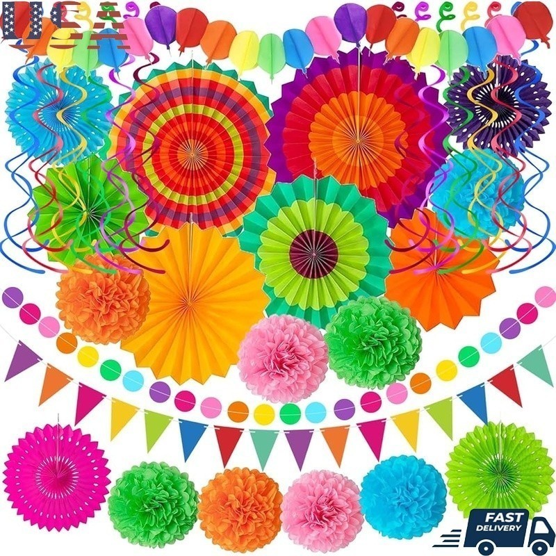 Cinco De Mayo Decorations Set Fiesta Party Paper Fans Pom Poms Swirls Garland US