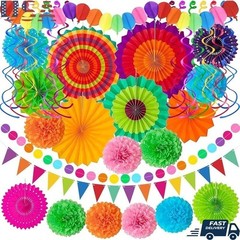 Cinco De Mayo Decorations Set Fiesta Party Paper Fans Pom Poms Swirls Garland US