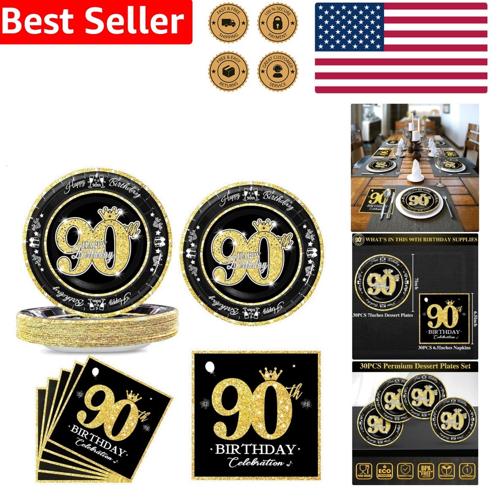 Elegant 90th Birthday Decorations, Black Gold Disposable Plates & Napkins for 30