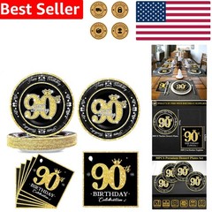 Elegant 90th Birthday Decorations, Black Gold Disposable Plates & Napkins for 30