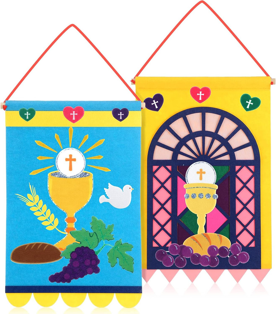 Oudain 2 Sets 12 x 18 Inch First Communion Banner Kit for Boys Girls Catholic Ch