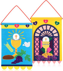 Oudain 2 Sets 12 x 18 Inch First Communion Banner Kit for Boys Girls Catholic Ch