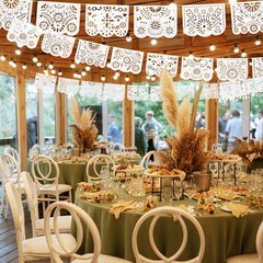 White Papel Picado Banner, 20 Ft Cinco De Mayo Decoration Plastic White Mexic…