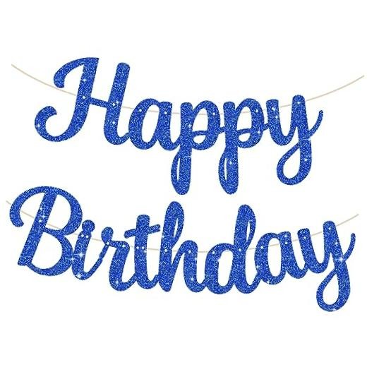 Glitter Blue Happy Birthday Banner – NO DIY,10 Feet Pre-Strung Birthday blue