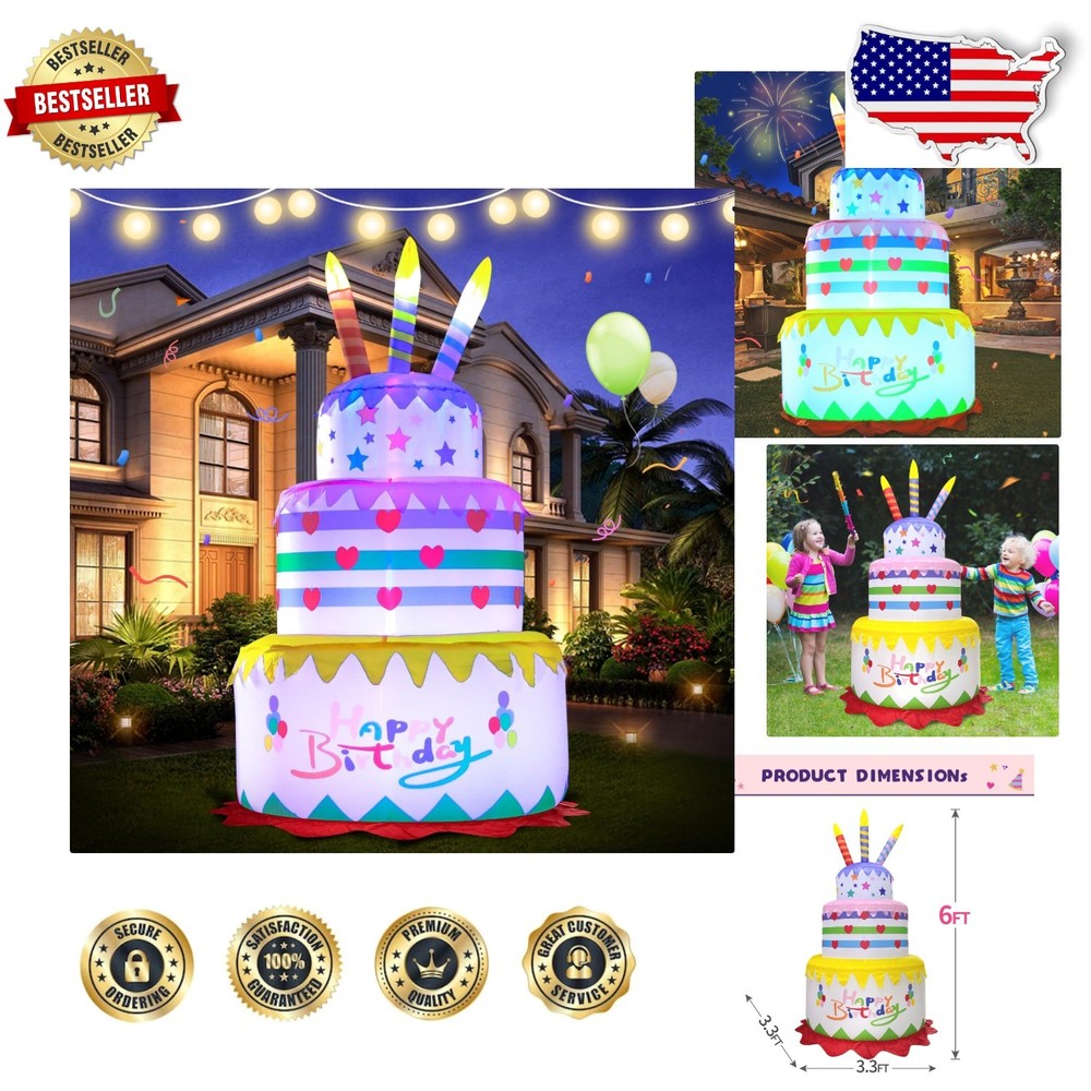 Giant 6FT Birthday Cake Inflatable – Yard Decor with Bright LED Lights