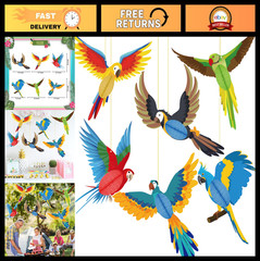 Tropical Birds Honeycomb Cutouts – 6 Parrot Decorations for Luau, Beach, Jungle