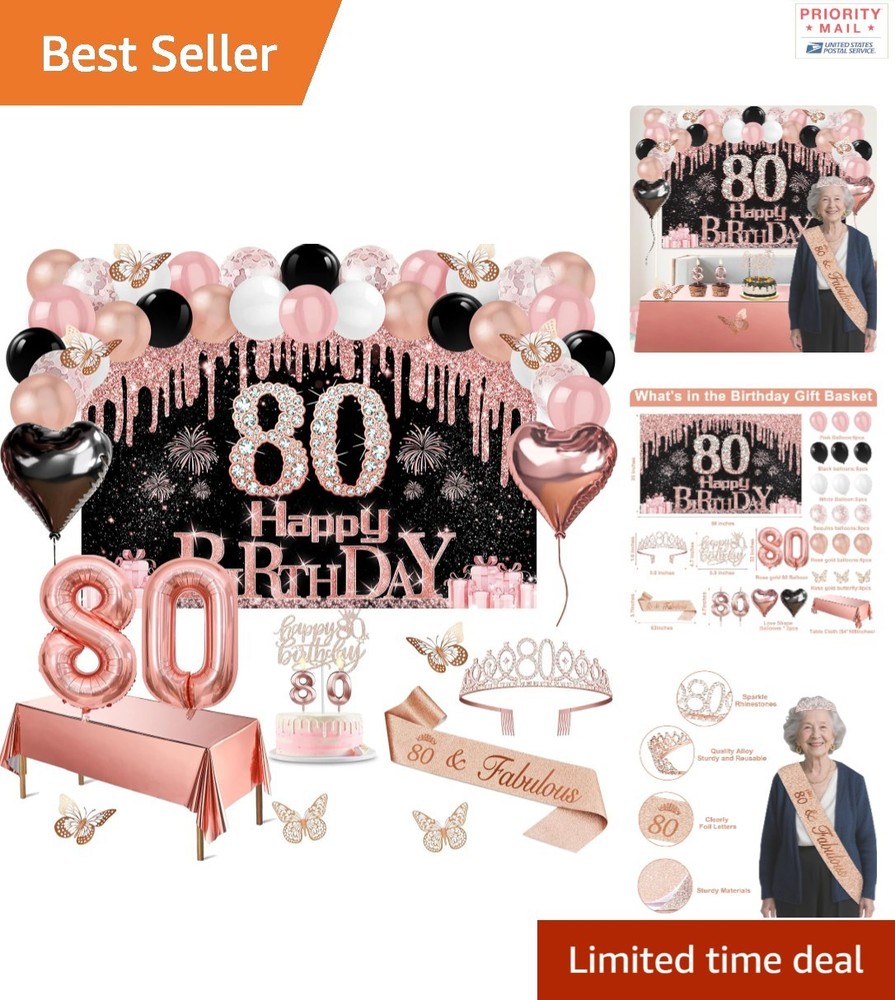 49-Piece Rose Gold & Black 80th Birthday Decorations Set for Elegant Parties