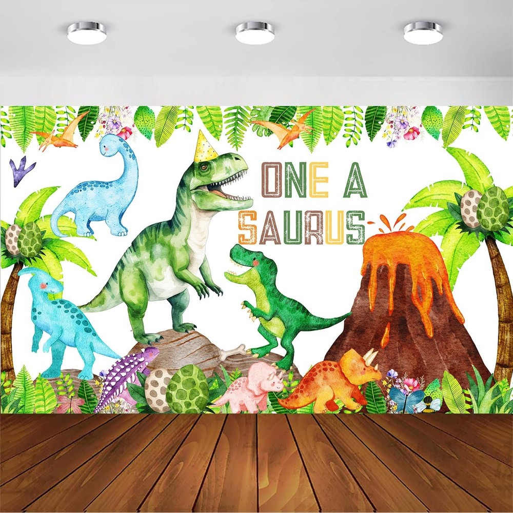 One A Saurus Watercolor Dinosaur 1st Birthday Party Backdrop Banner