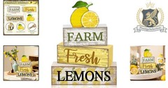 Farmhouse Lemon Tiered Tray Decor – 4 Wooden Pieces for Rustic Summer Vibes