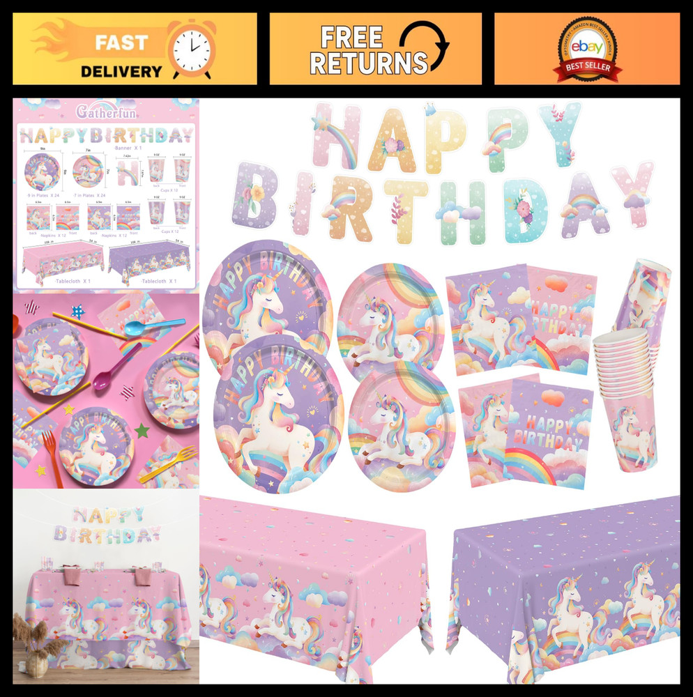 Unicorn Birthday Party Supplies Kit for 24 Guests – Plates, Napkins, Cups & Bann