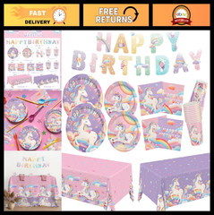 Unicorn Birthday Party Supplies Kit for 24 Guests – Plates, Napkins, Cups & Bann