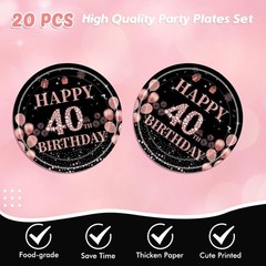 Chic 41-Piece 40th Birthday Set: Black Rose Gold Plates, Napkins & Cloth