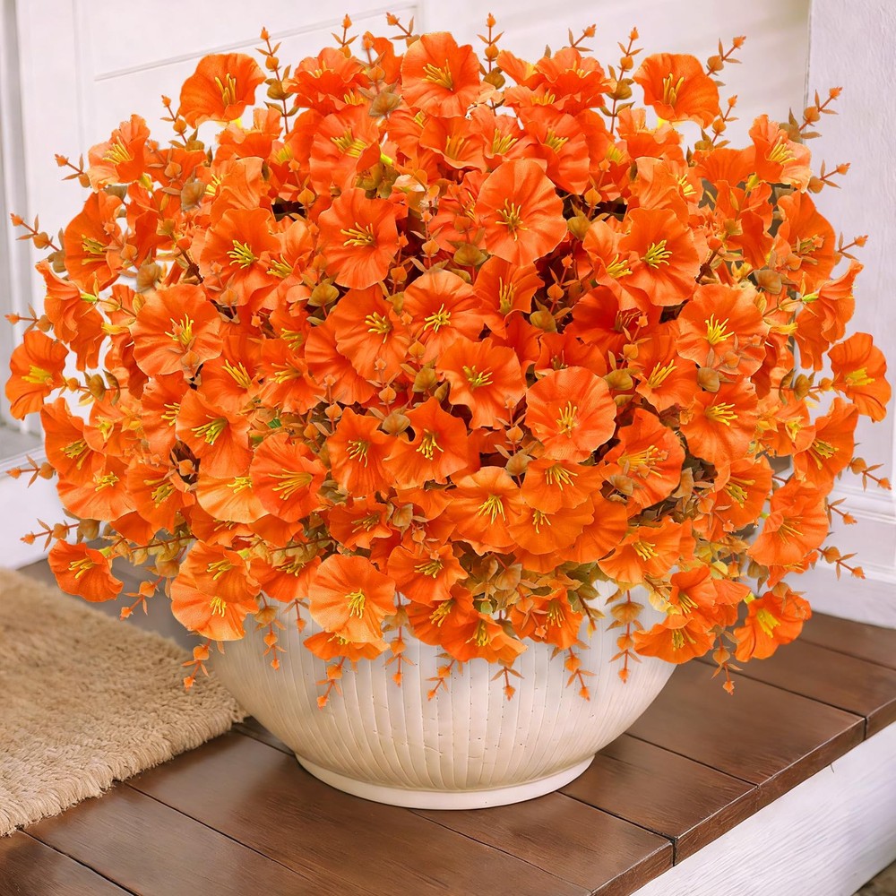 12 Bundles Artificial Flowers for Outdoors, UV 12 Bundles, Brown Orange