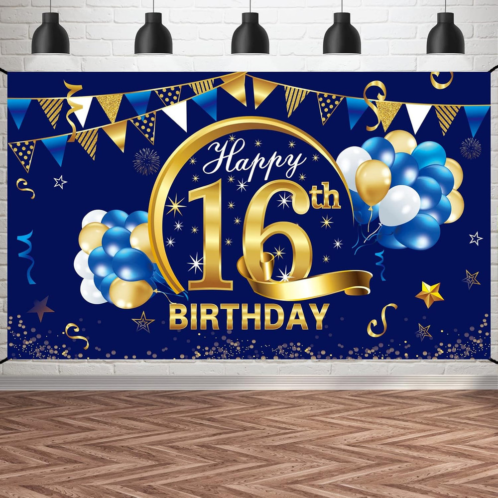 Blue Gold 16Th Birthday Banner Decorations – Blue Gold 16 Birthday Backdrop Part