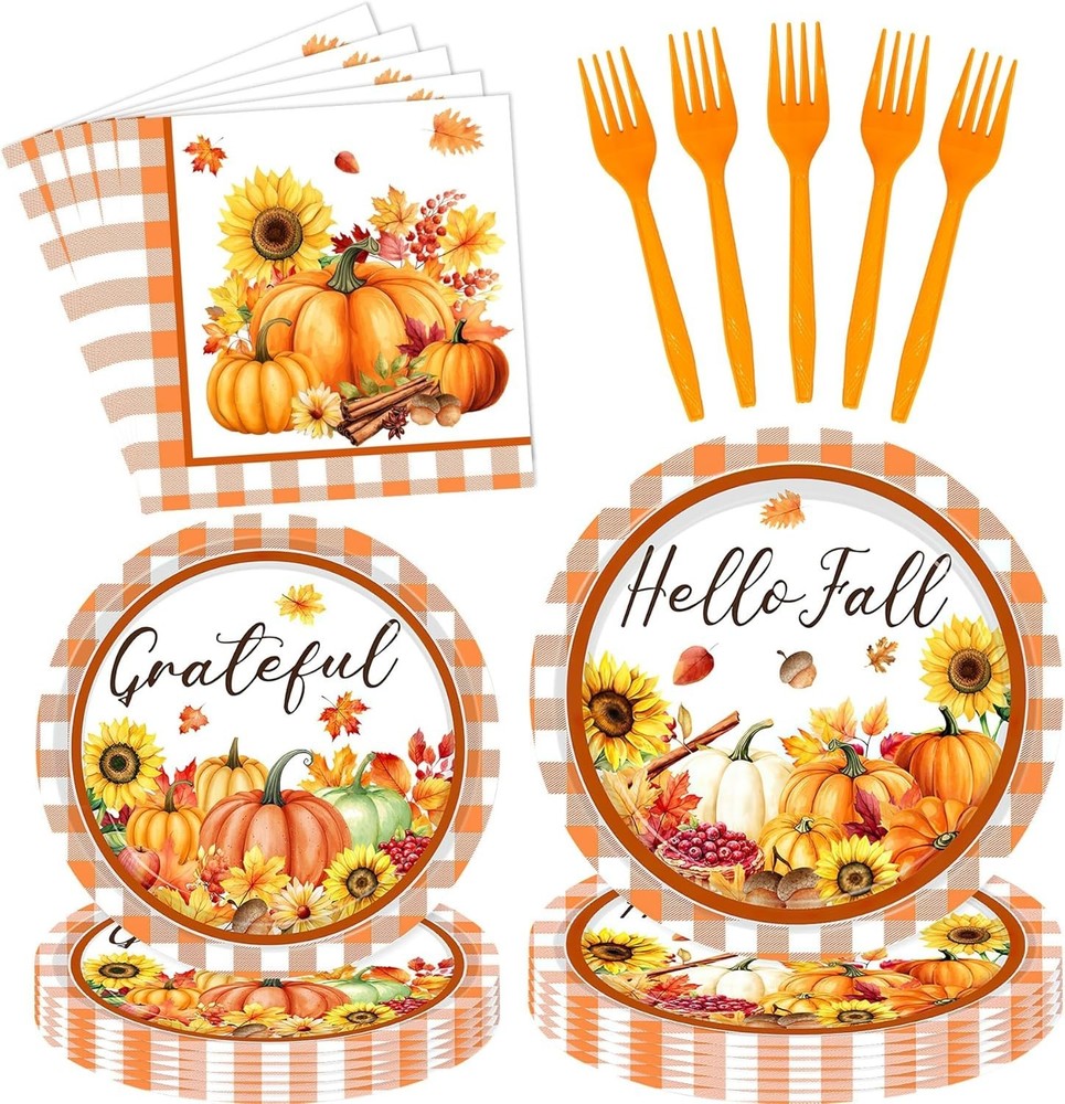 Fall Thanksgiving Orange Disposable Tableware (Plates, Napkins, Forks)