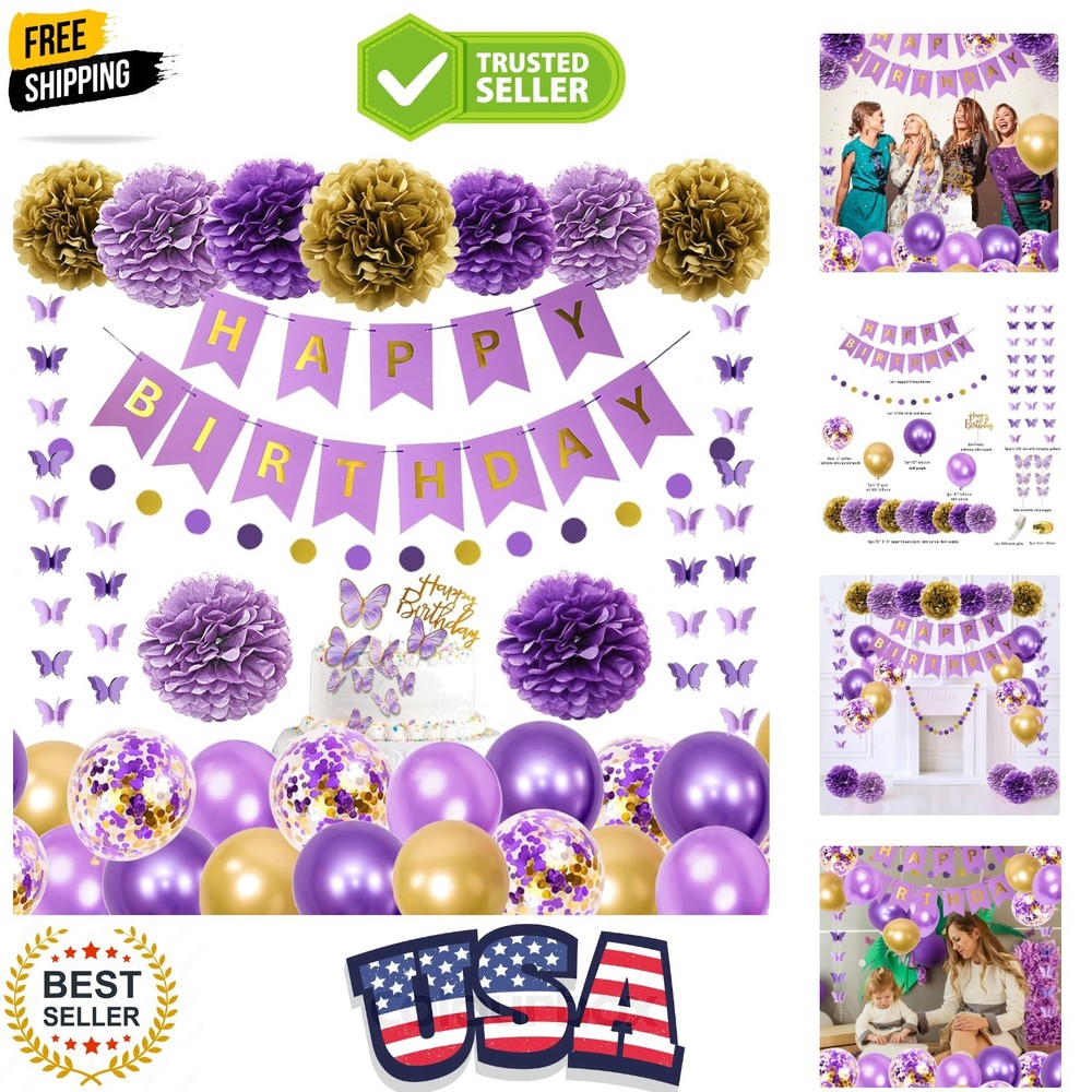 Purple Birthday Decorations for Women Girls Butterfly Hanging Garland Happy B…