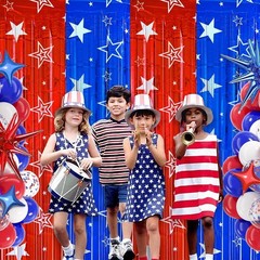 4th of July Backdrop Decorations, 2 Pack Star Print Red Blue Streamers Tinsel…