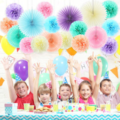 18 Pcs Pastel Rainbow Party Decorations Pastel Paper Fans 3D Floral Tissue Pom P
