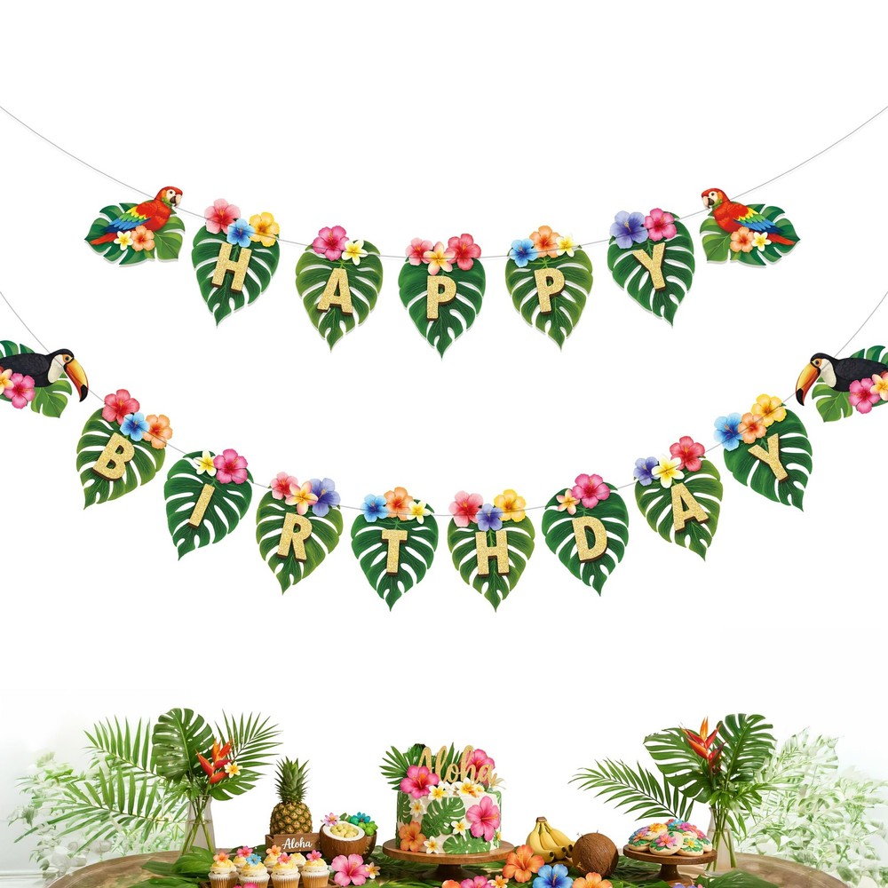 Tropical Happy Birthday Banner Hawaiian Party Palm Leaf Garland Luau Party De…