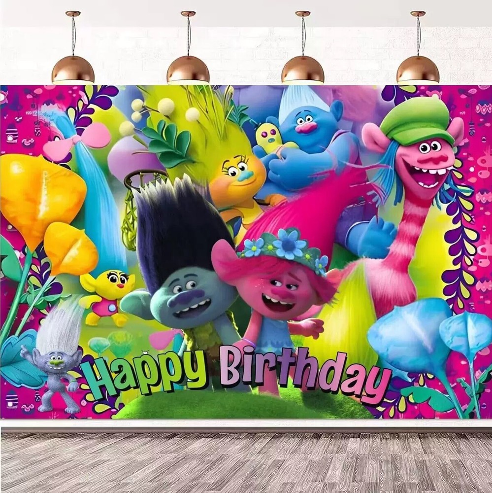 Trolls Theme Happy Birthday Backdrop 5×3.5ft,for Kids Birthday Party Decoration