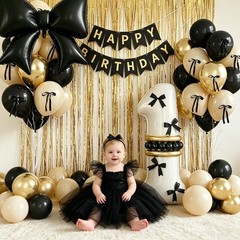 Black Bow 1st Decorations, White Sand Black Gold Balloons with Bow Heart Numb…