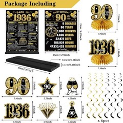 90th Birthday Decorations Kit for Men Women, Black Gold 24PCS Black Gold 90th