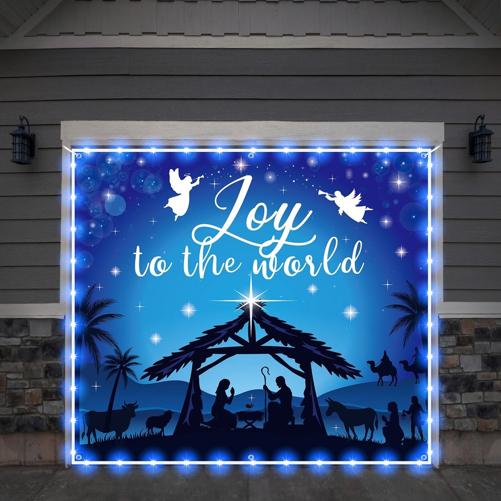 Christmas Nativity Garage Door Cover Decorations with LED String Lights 7×8 Ft