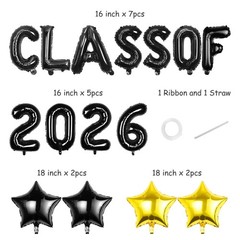 Class of 2026 Graduation Decorations, 16 Inch Black Foil Balloons Freely Comb…