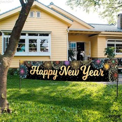 KatchOn Happy New Year Banner – Large 120×20 Inch | Gold and Black