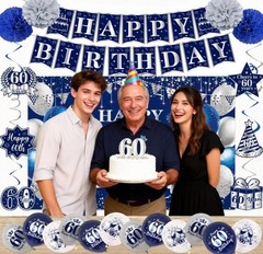 60Th Birthday Decorations for Men Women, Blue Silver Happy 60Th Birthday Banner