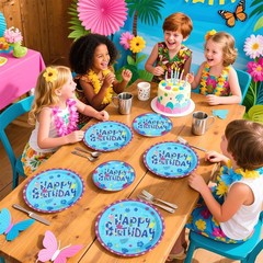 Bright Blue Hawaiian Luau Party Decor – 24 Plates, Napkins & Forks Included