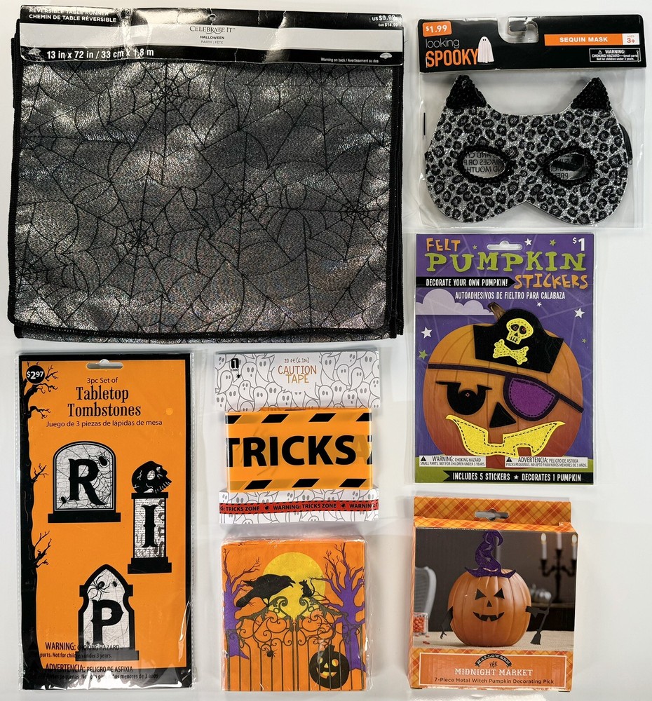 Vintage Halloween Party Decor LOT Table Runner Napkins Mask Pumpkin Pick NEW NOS