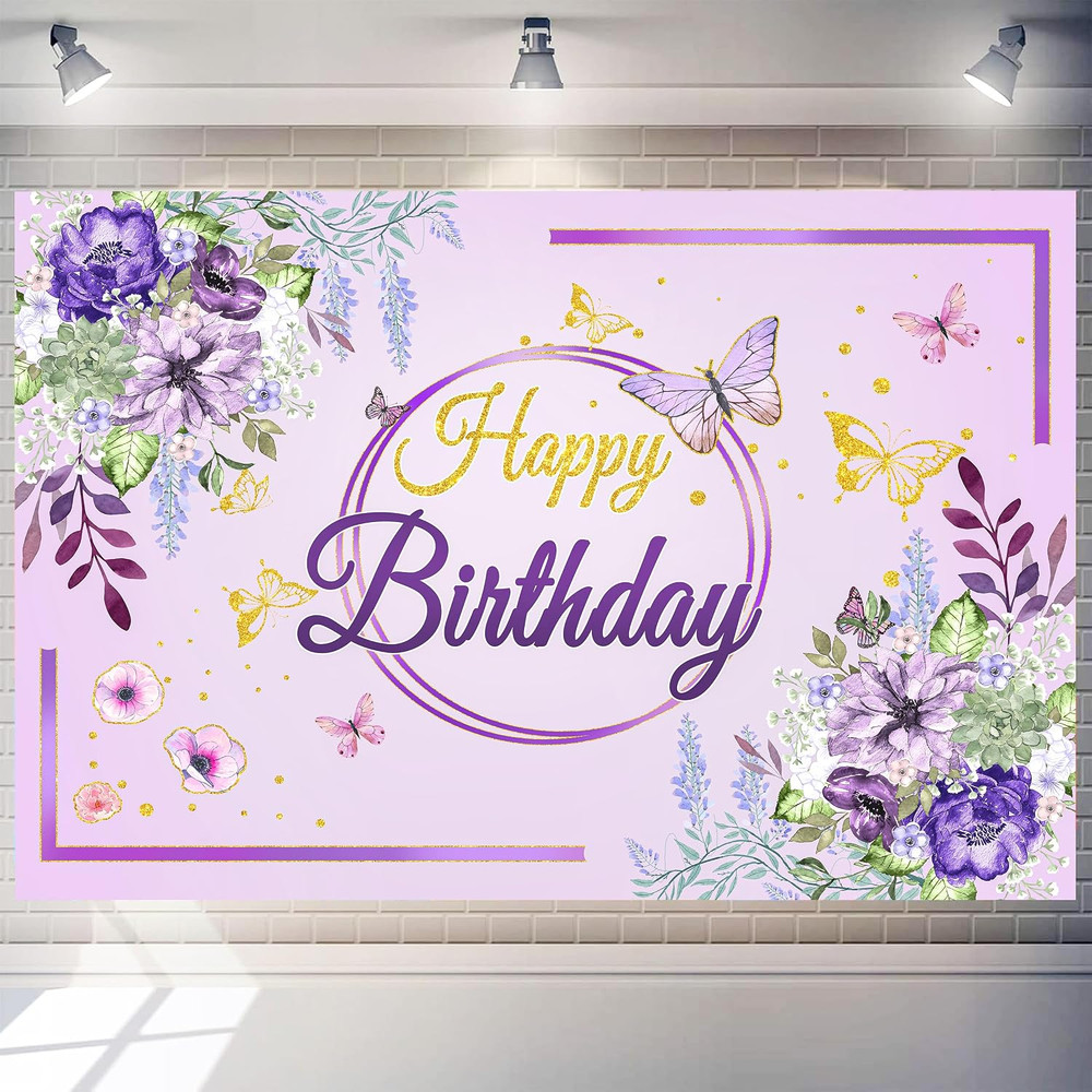 Birthday Party Background,Elegant Purple & Gold Floral Butterfly Happy Birthday
