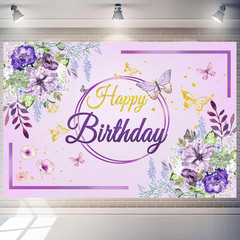 Birthday Party Background,Elegant Purple & Gold Floral Butterfly Happy Birthday