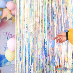 Iridescent Party Streamers Backdrop – Neon Transparent Holographic Tinsel Foil
