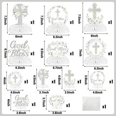 God Bless Honeycomb Centerpieces, 12Pcs Baptism Table Decorations | White Sliver