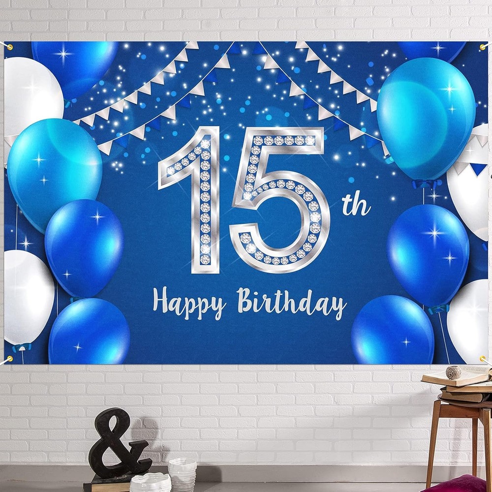 HAMIGAR 6x4ft Happy 15th Birthday Banner Backdrop – 15 Years Old Blue