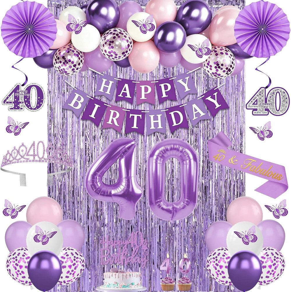 40Th Birthday Decorations for Women, 52Pcs Purple Happy 40Th Birthday Decoration