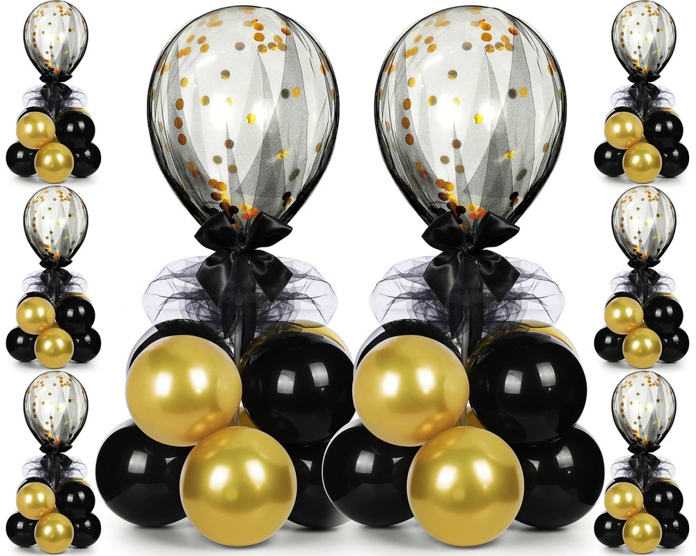 8 Set Gold Black Table Centerpieces Balloons Stand Kit, Latex Balloons and Ta…
