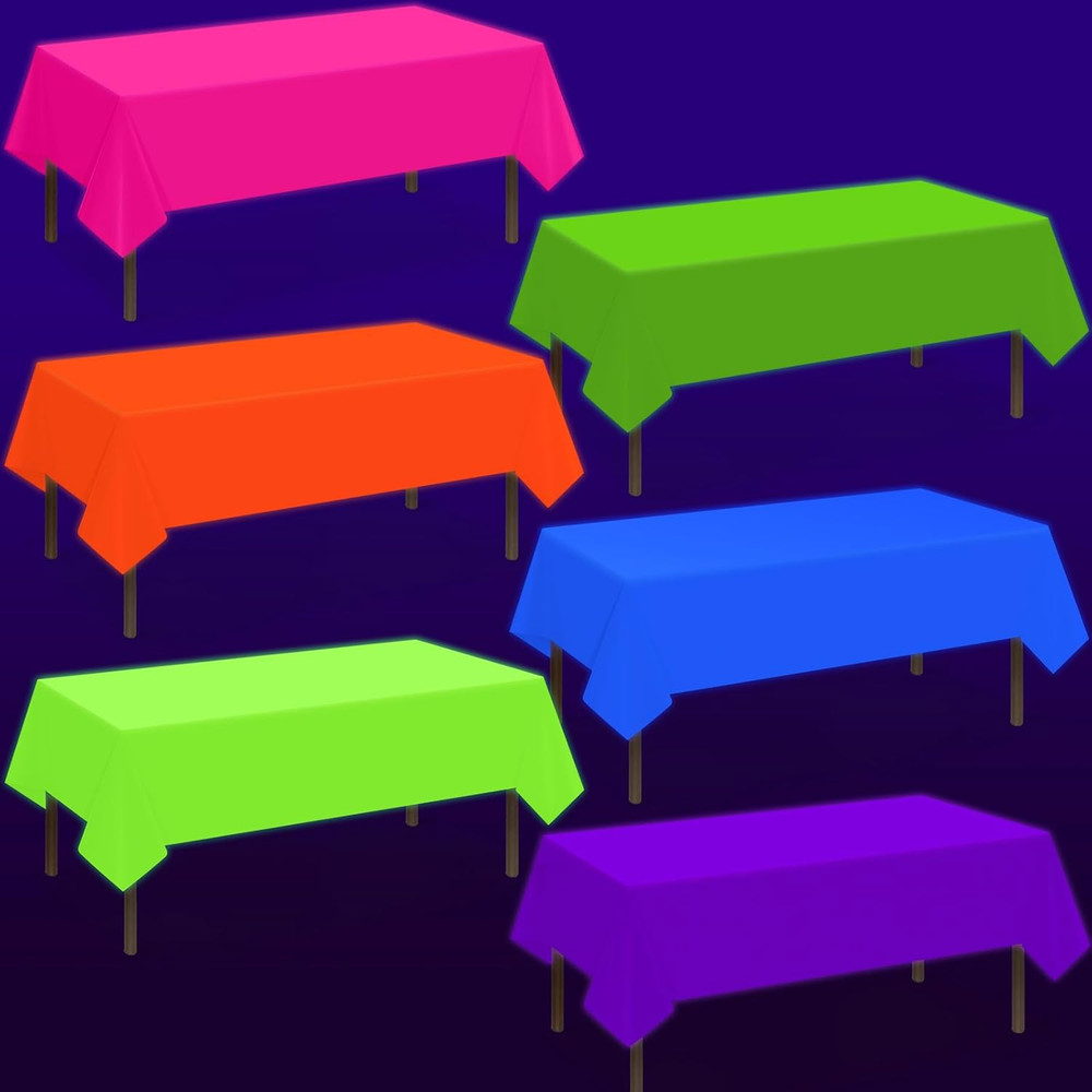 6 Pack Neon Table Cloths Party Decorations, Pink Orange Yellow Green Blue Purple