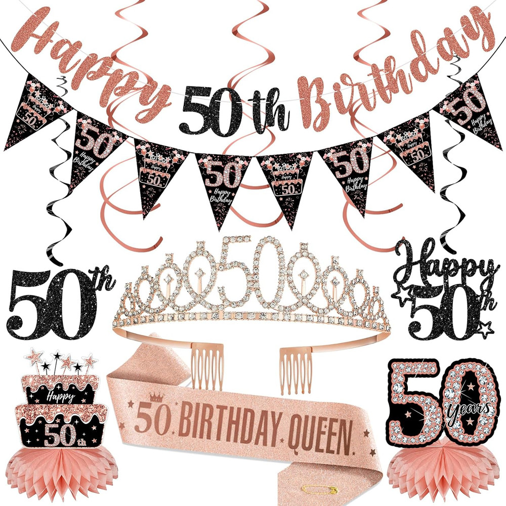 50Th Birthday Decorations for Women, Rose Gold Happy 50Th Birthday Banner Crown