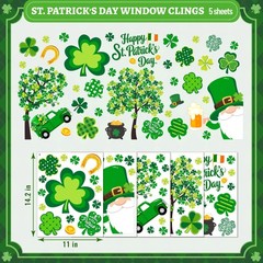 5 Sheet St. Patrick’s Day Window Clings, Green Shamrock Clover Tree Gnome Gold C