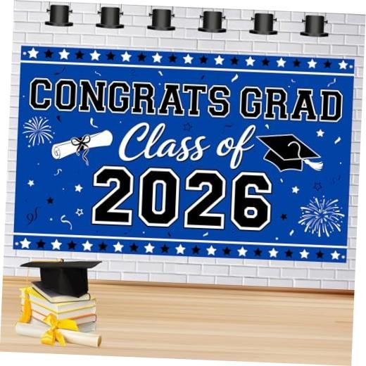 Blue Graduation Banner Class of 2026-72″ x 44″ Congrats Grad Backdrop Colorful