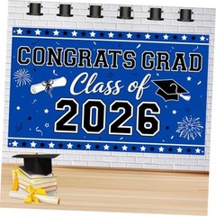 Blue Graduation Banner Class of 2026-72″ x 44″ Congrats Grad Backdrop Colorful