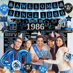 40th Birthday Decorations for Men, 20PCS Black Blue Back in 1986 Birthday Par…